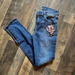 7 For All Mankind Blue Skinny Jeans with Floral Detail